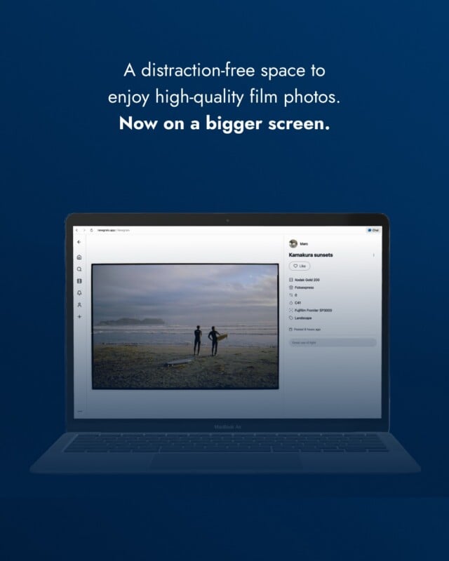 Newgrain web app interface showing a film photography feed