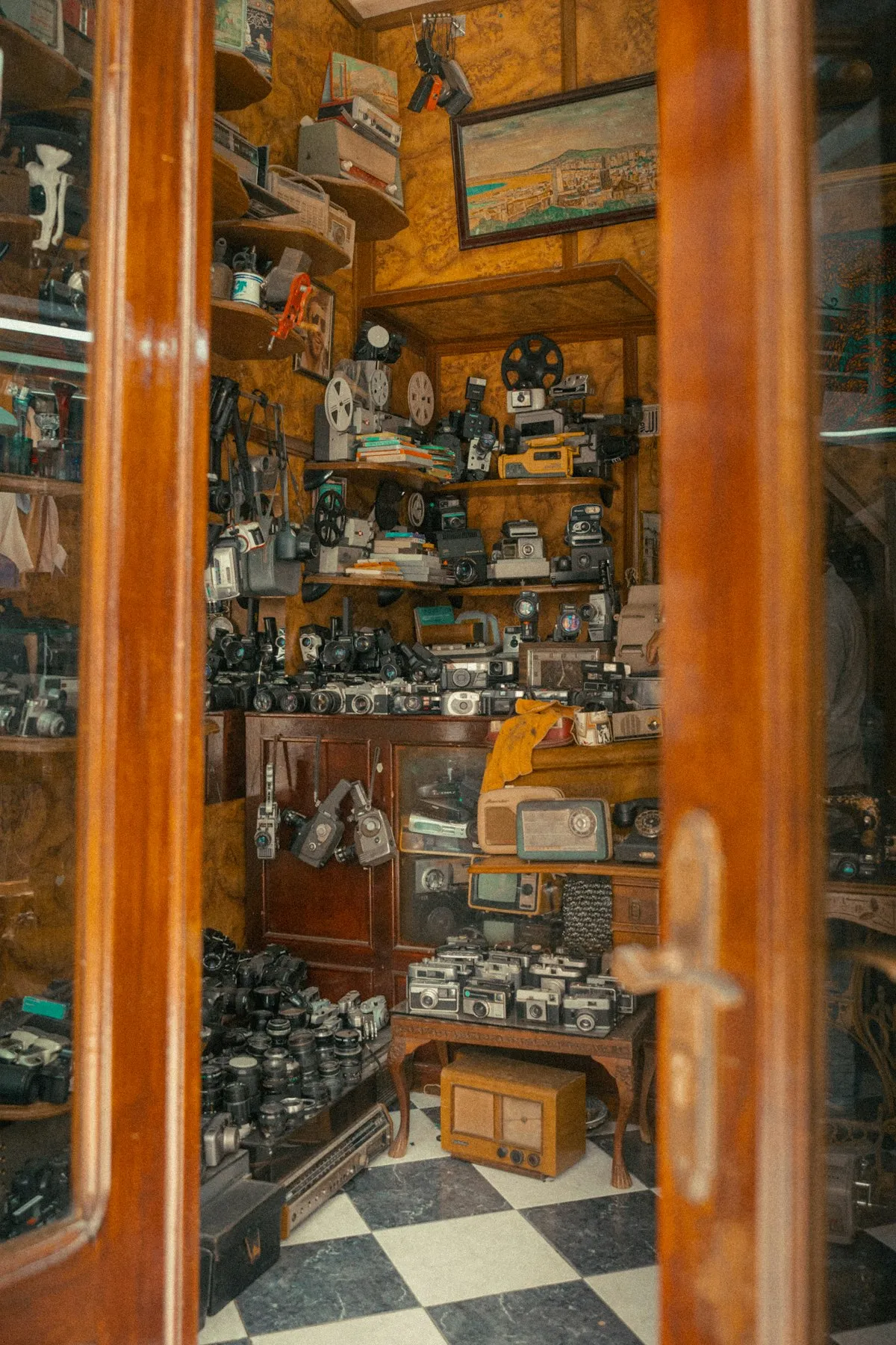 Camera store shelves stocked with film and photography equipment