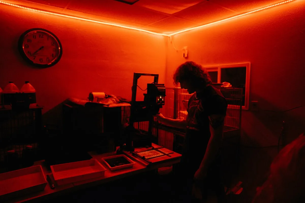 Film processing chemicals and developing equipment in a darkroom