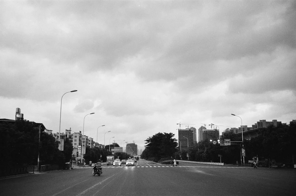 Black and white street photography scene captured on film