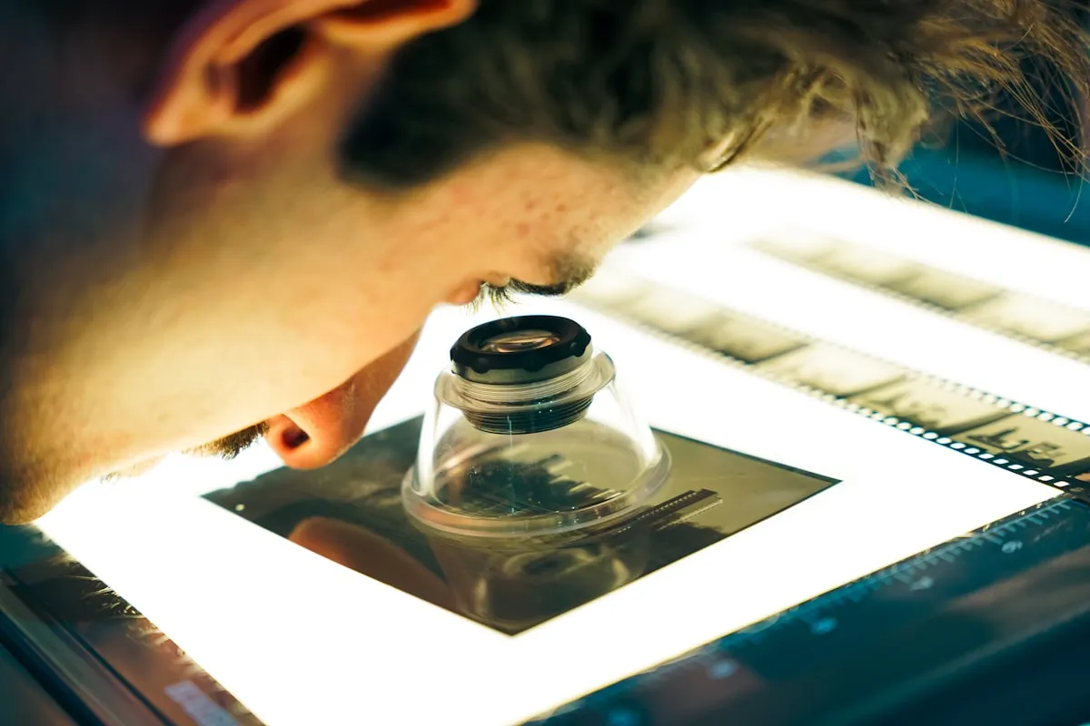 Person examining film negatives with a loupe on a light table