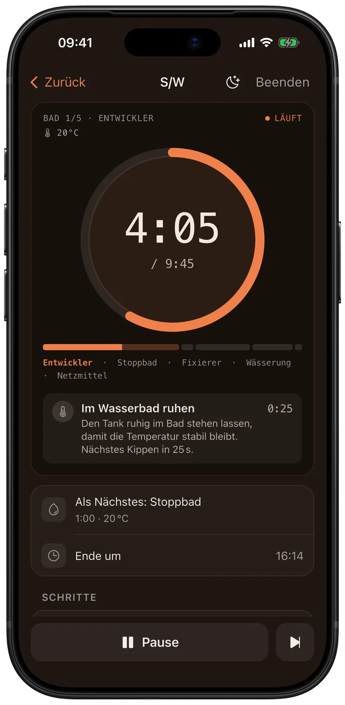 Pellicas Entwicklungstimer im Entwicklerschritt, der dir sagt, wann du kippen musst