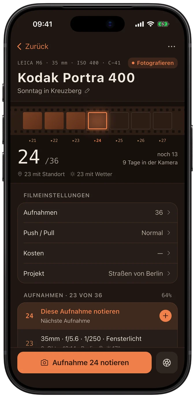 Rollen-Ansicht in Pellica: Kodak Portra 400 bei Bild 23 von 36, mit Blende, Zeit, GPS und Wetter jeder Aufnahme