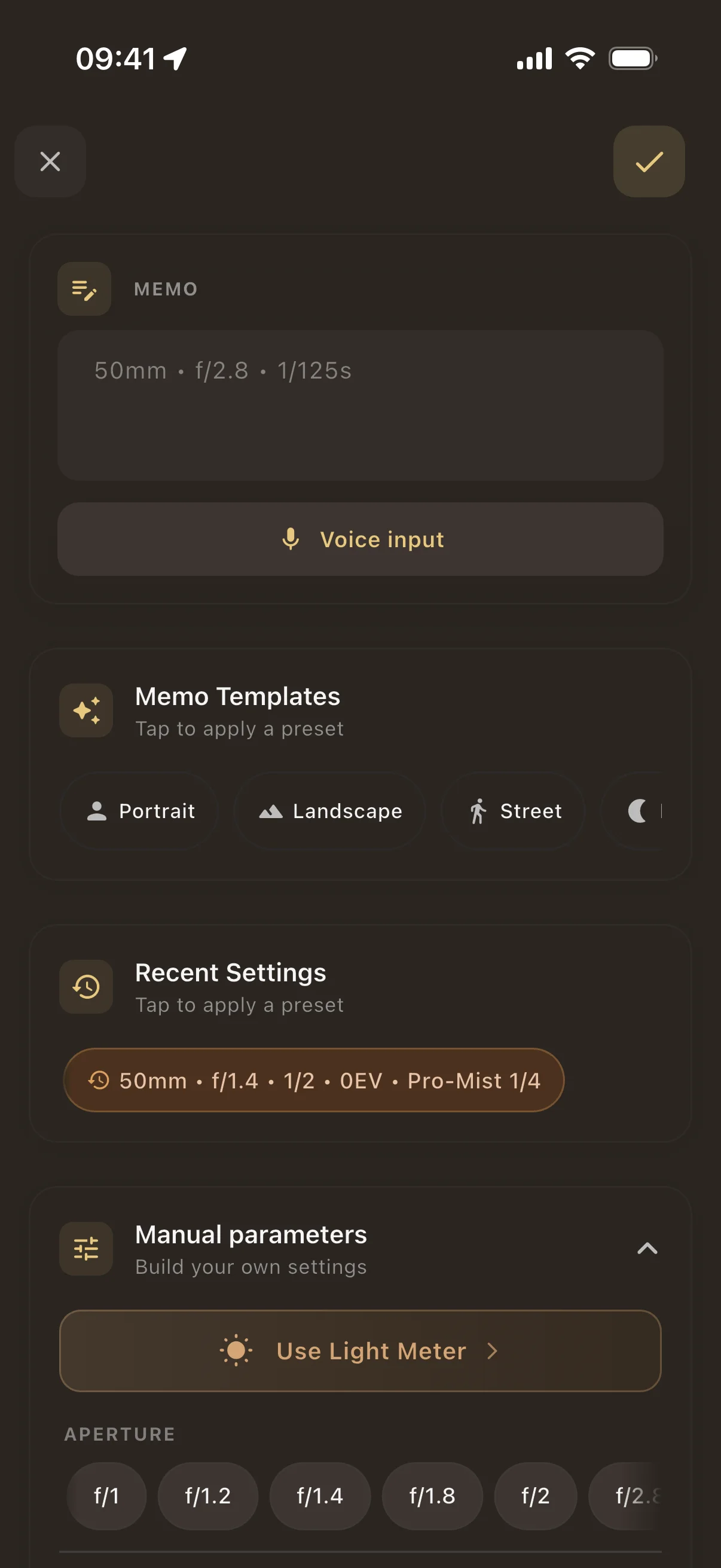 Pellica app - Add shot screen with exposure settings