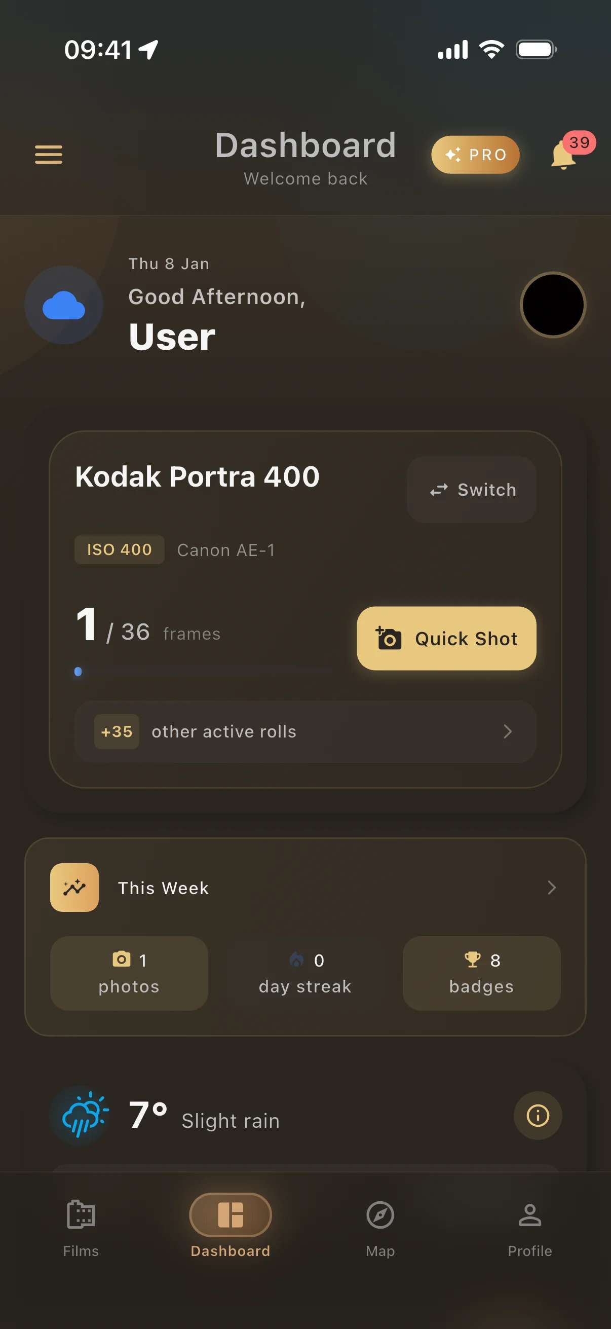 Pellica app dashboard showing film rolls overview, weather conditions and quick stats for analog photographers