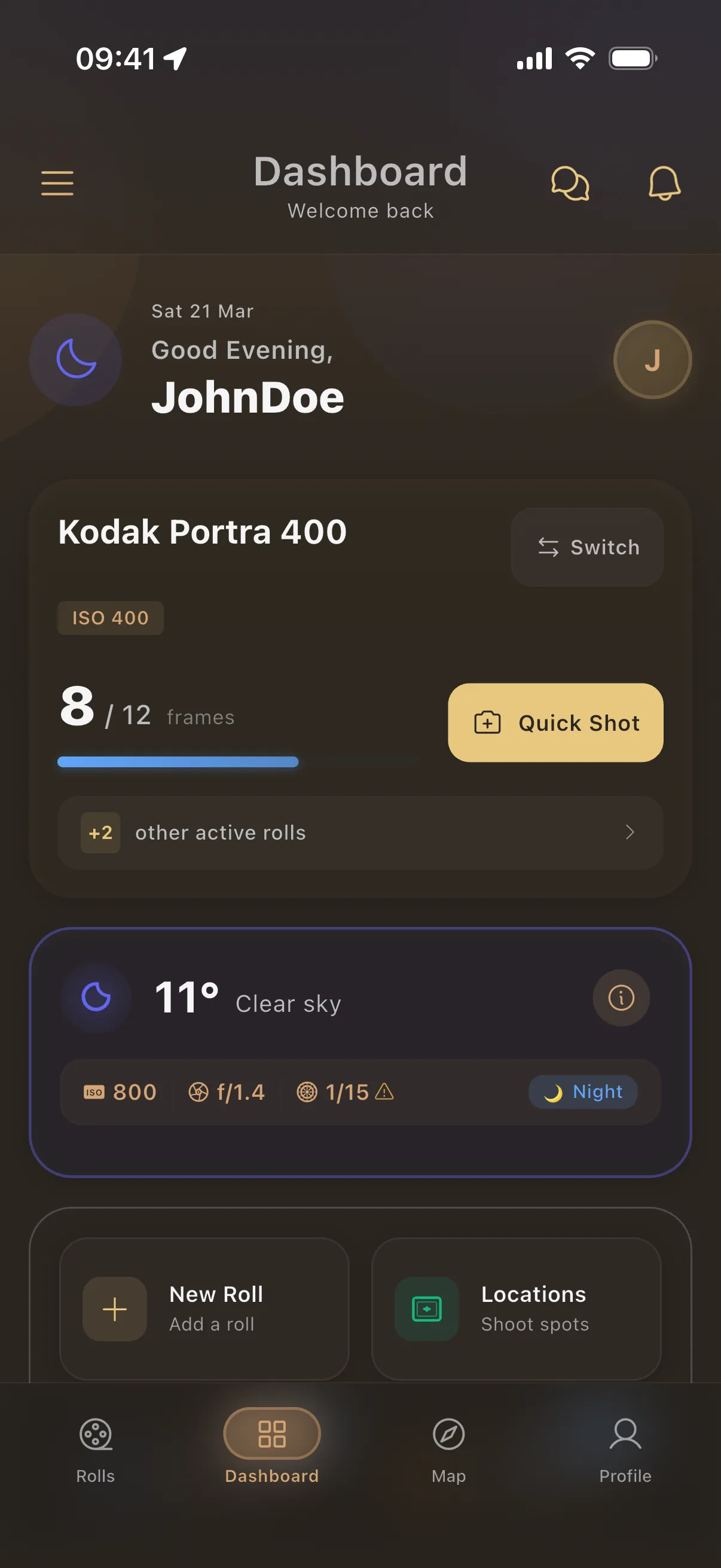 Pellica dashboard with your active film rolls and recent shots