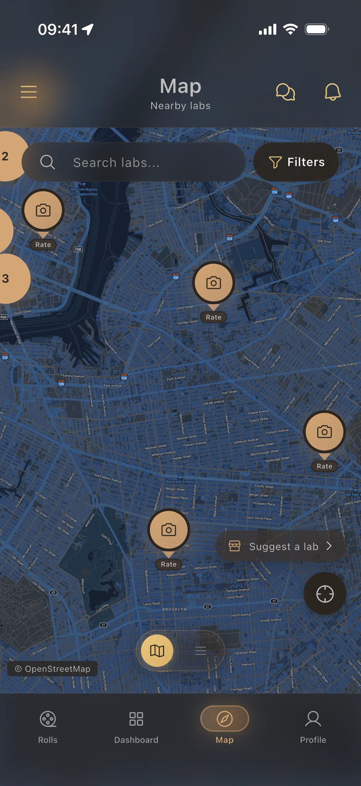 Pellica film lab map showing hundreds of labs worldwide with processing services
