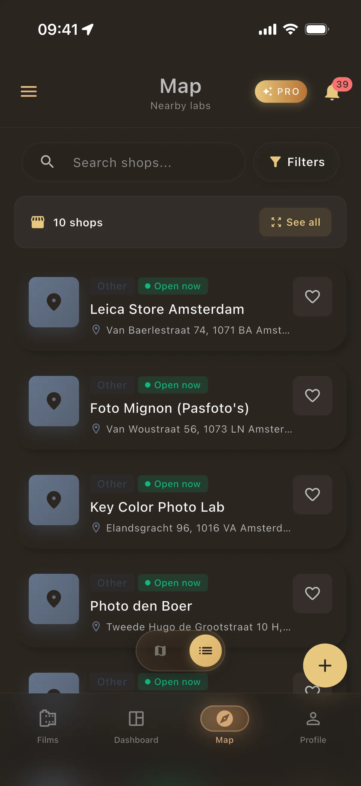 Pellica film lab list view showing lab details, services, and distance