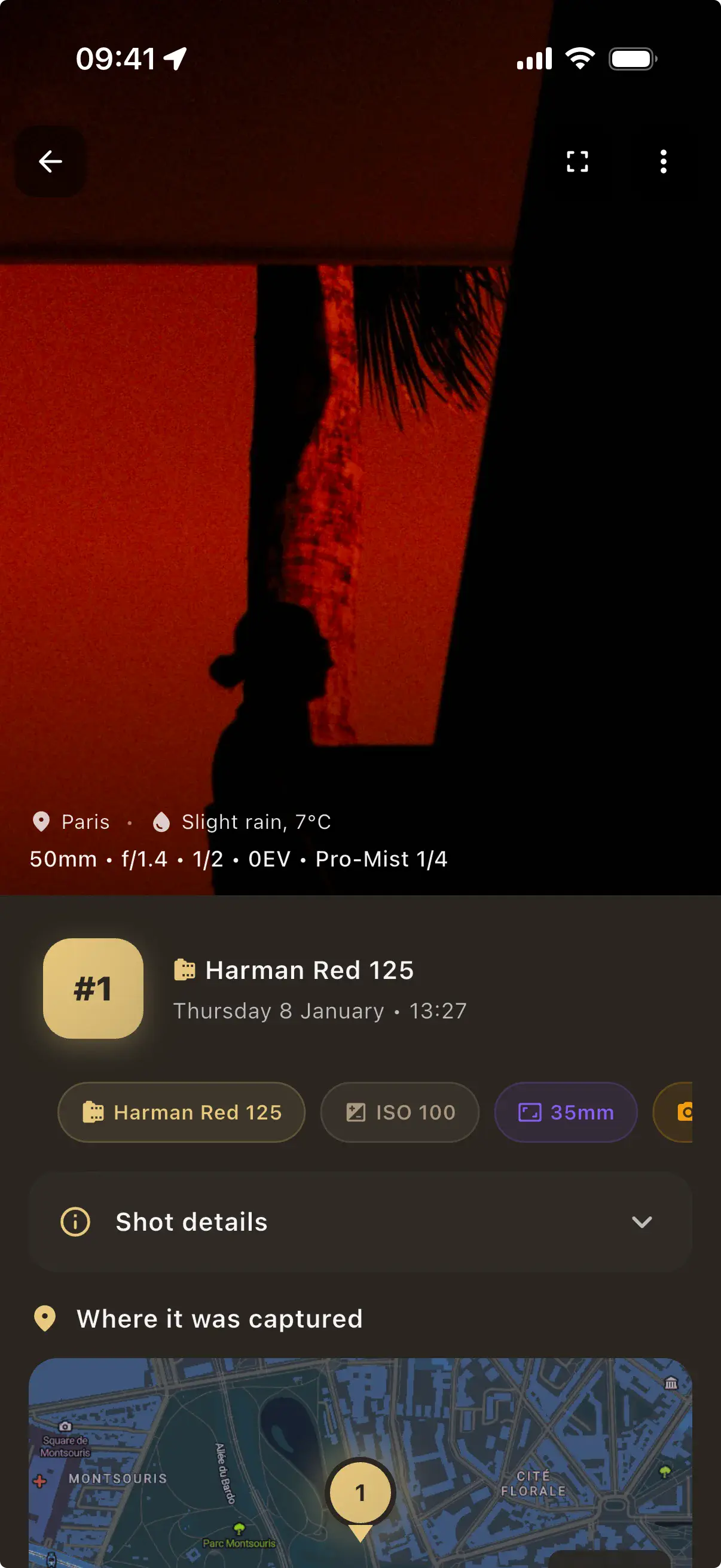 Pellica shot detail screen showing aperture, shutter speed, ISO, GPS location and weather for film photography