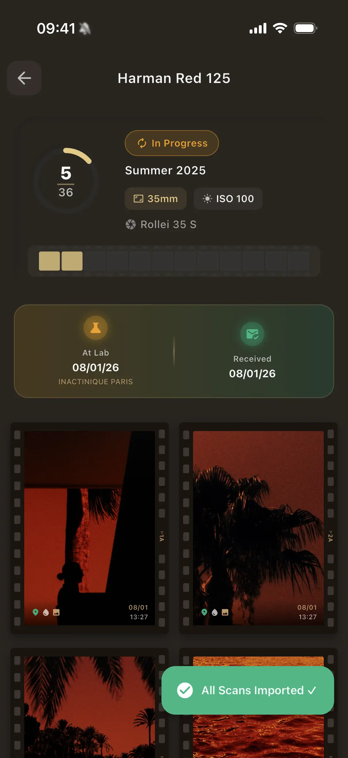 Pellica shot list with scans matched to exposure data - aperture, shutter speed and ISO settings per frame